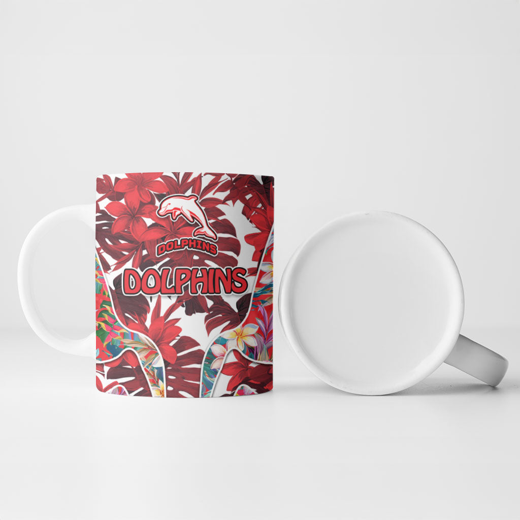 Dolphins Ceramic Mug Tropical Hibiscus Floral Pattern With Red And White Accents