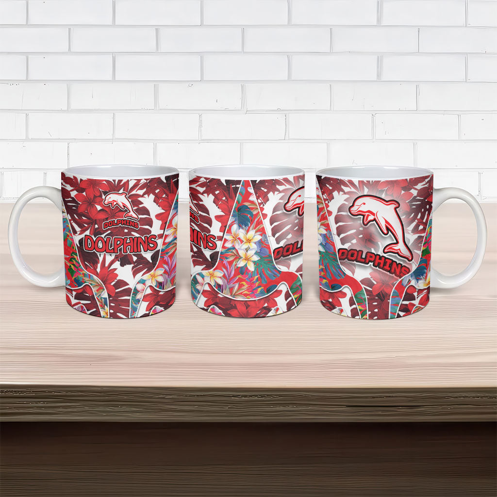 Dolphins Ceramic Mug Tropical Hibiscus Floral Pattern With Red And White Accents