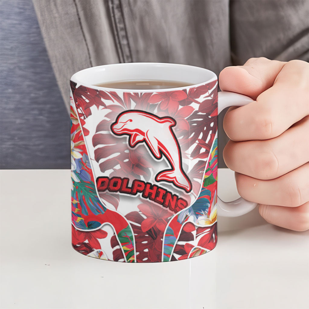 Dolphins Ceramic Mug Tropical Hibiscus Floral Pattern With Red And White Accents