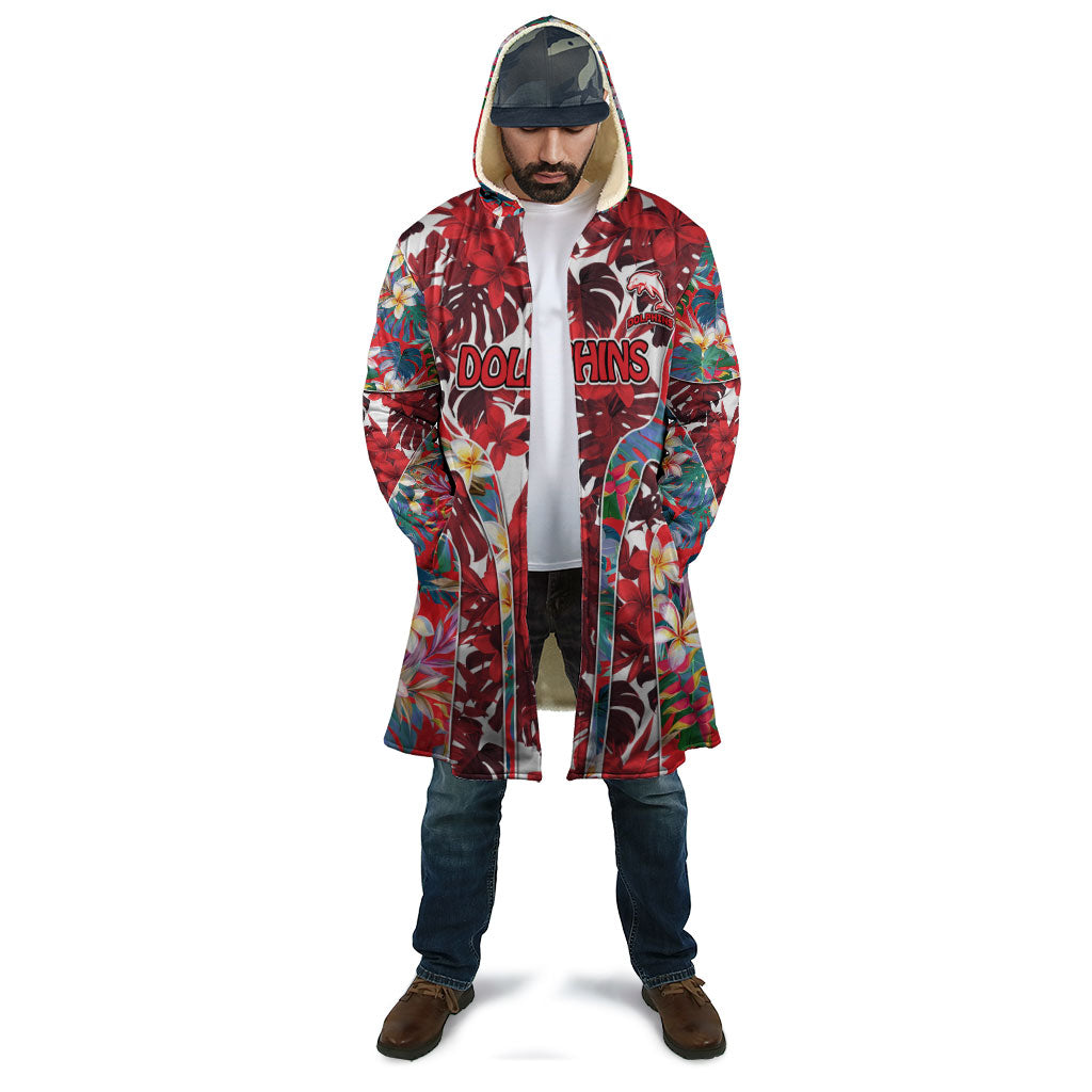 Dolphins Cloak Tropical Hibiscus Floral Pattern With Red And White Accents