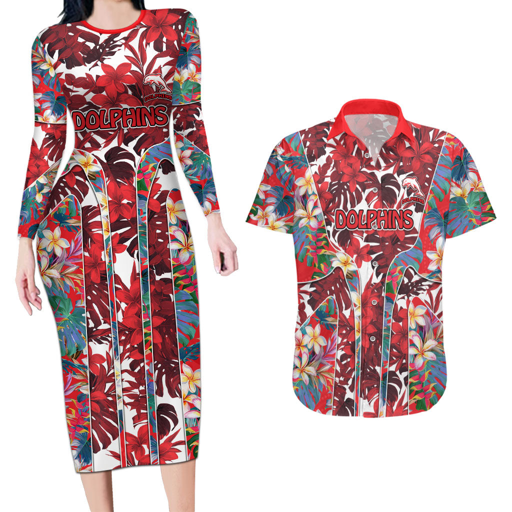 Dolphins Couples Matching Long Sleeve Bodycon Dress and Hawaiian Shirt Tropical Hibiscus Floral Pattern With Red And White Accents