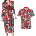 Dolphins Couples Matching Long Sleeve Bodycon Dress and Hawaiian Shirt Tropical Hibiscus Floral Pattern With Red And White Accents