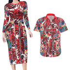 Dolphins Couples Matching Long Sleeve Bodycon Dress and Hawaiian Shirt Tropical Hibiscus Floral Pattern With Red And White Accents