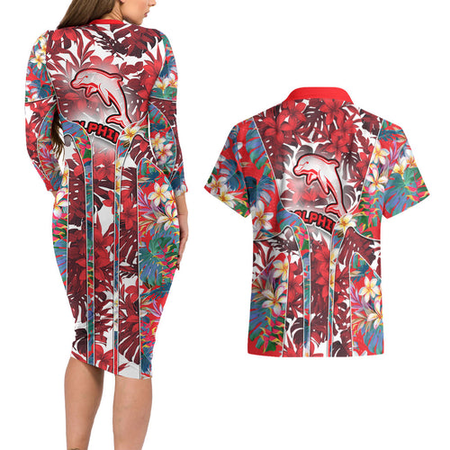 Dolphins Couples Matching Long Sleeve Bodycon Dress and Hawaiian Shirt Tropical Hibiscus Floral Pattern With Red And White Accents