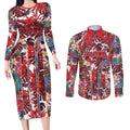 Dolphins Couples Matching Long Sleeve Bodycon Dress and Long Sleeve Button Shirt Tropical Hibiscus Floral Pattern With Red And White Accents
