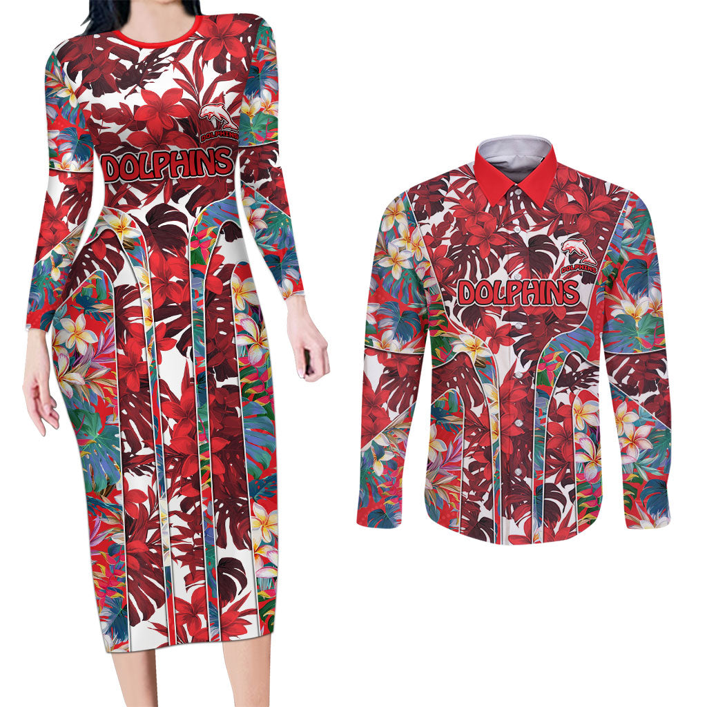 Dolphins Couples Matching Long Sleeve Bodycon Dress and Long Sleeve Button Shirt Tropical Hibiscus Floral Pattern With Red And White Accents