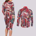Dolphins Couples Matching Long Sleeve Bodycon Dress and Long Sleeve Button Shirt Tropical Hibiscus Floral Pattern With Red And White Accents