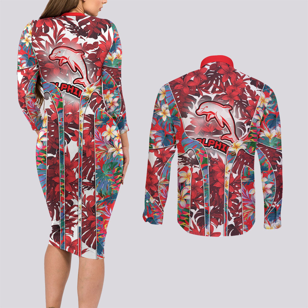Dolphins Couples Matching Long Sleeve Bodycon Dress and Long Sleeve Button Shirt Tropical Hibiscus Floral Pattern With Red And White Accents