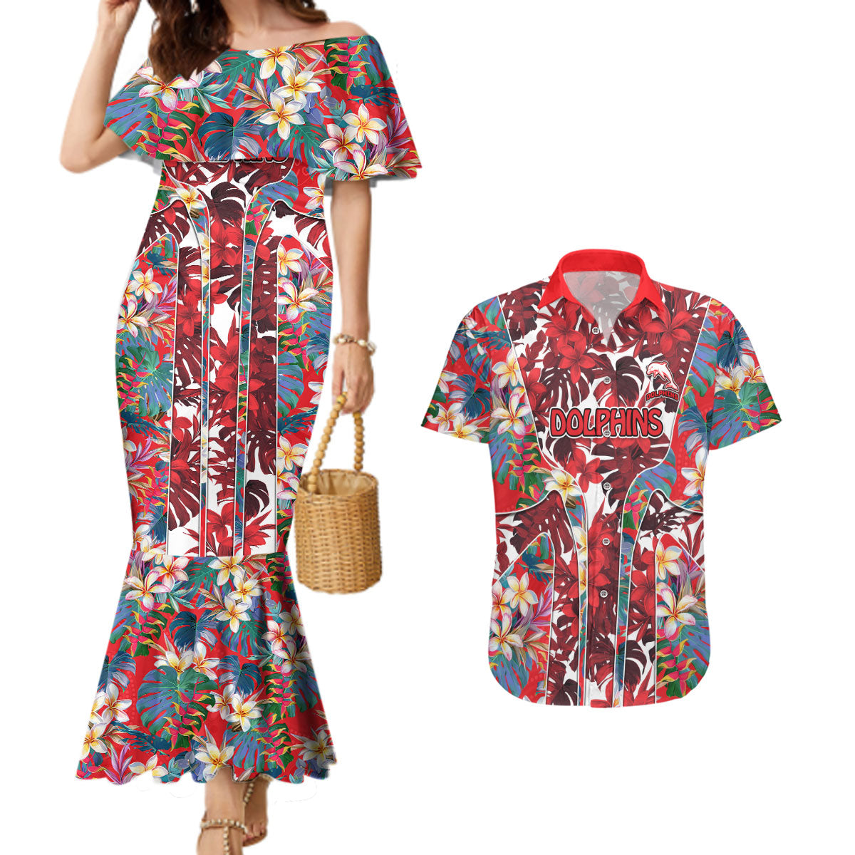 Dolphins Couples Matching Mermaid Dress and Hawaiian Shirt Tropical Hibiscus Floral Pattern With Red And White Accents