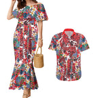 Dolphins Couples Matching Mermaid Dress and Hawaiian Shirt Tropical Hibiscus Floral Pattern With Red And White Accents