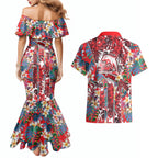 Dolphins Couples Matching Mermaid Dress and Hawaiian Shirt Tropical Hibiscus Floral Pattern With Red And White Accents