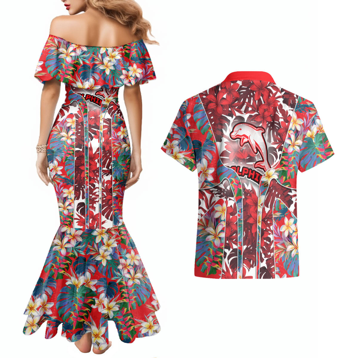 Dolphins Couples Matching Mermaid Dress and Hawaiian Shirt Tropical Hibiscus Floral Pattern With Red And White Accents