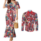 Dolphins Couples Matching Mermaid Dress and Long Sleeve Button Shirt Tropical Hibiscus Floral Pattern With Red And White Accents