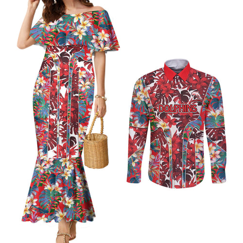 Dolphins Couples Matching Mermaid Dress and Long Sleeve Button Shirt Tropical Hibiscus Floral Pattern With Red And White Accents