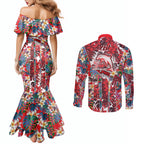 Dolphins Couples Matching Mermaid Dress and Long Sleeve Button Shirt Tropical Hibiscus Floral Pattern With Red And White Accents