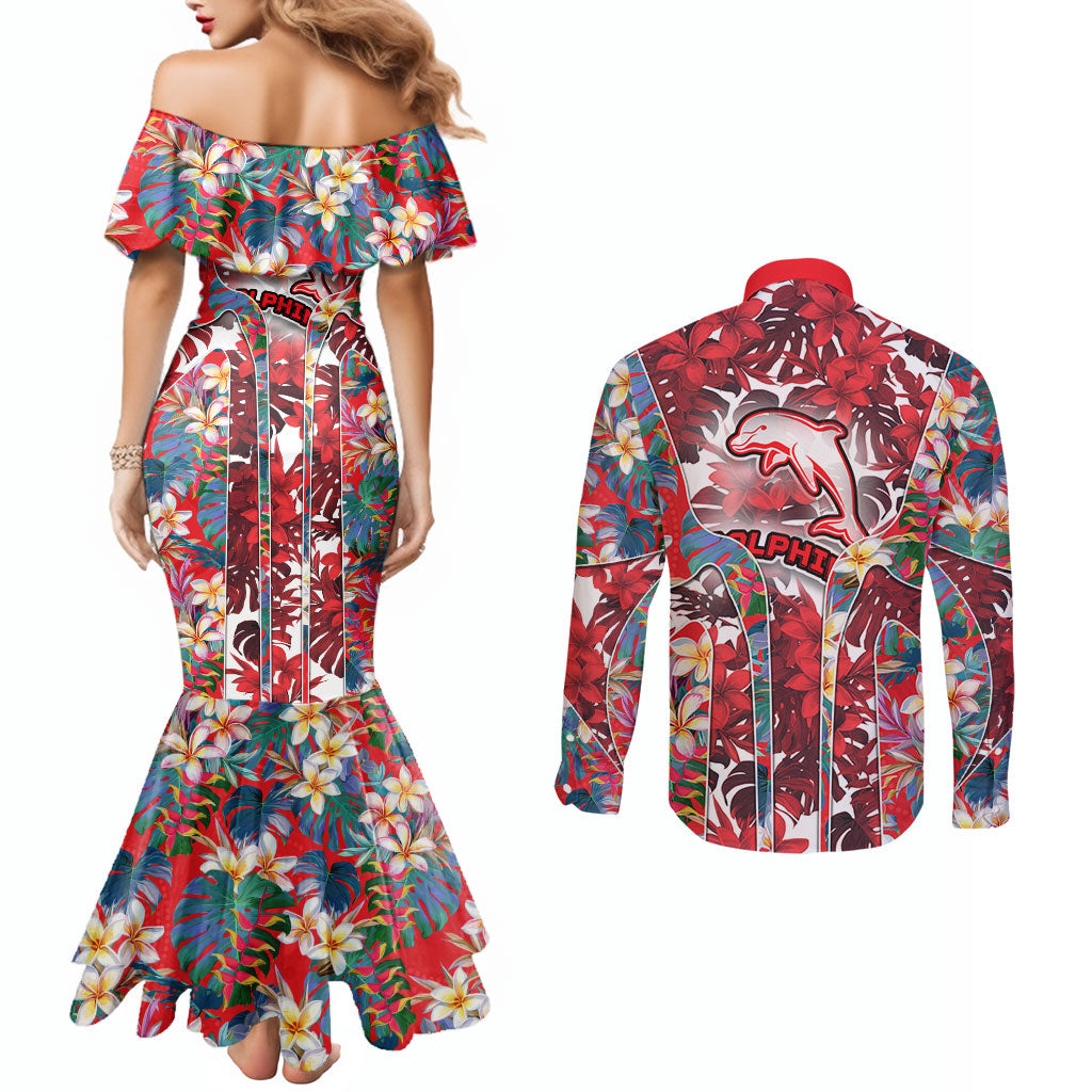 Dolphins Couples Matching Mermaid Dress and Long Sleeve Button Shirt Tropical Hibiscus Floral Pattern With Red And White Accents