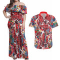 Dolphins Couples Matching Off Shoulder Maxi Dress and Hawaiian Shirt Tropical Hibiscus Floral Pattern With Red And White Accents
