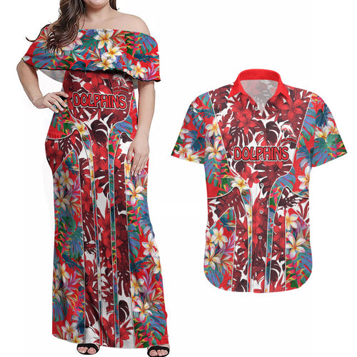 Dolphins Couples Matching Off Shoulder Maxi Dress and Hawaiian Shirt Tropical Hibiscus Floral Pattern With Red And White Accents