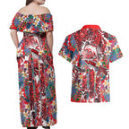 Dolphins Couples Matching Off Shoulder Maxi Dress and Hawaiian Shirt Tropical Hibiscus Floral Pattern With Red And White Accents