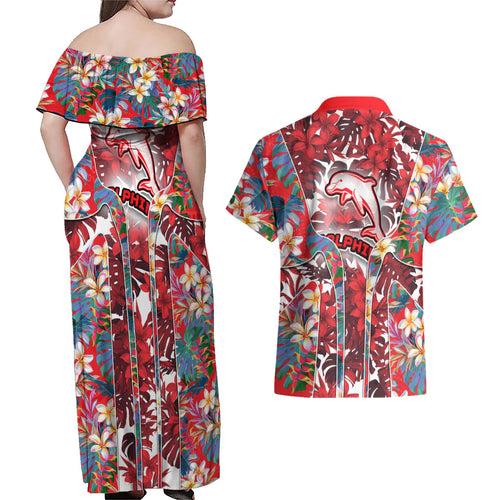 Dolphins Couples Matching Off Shoulder Maxi Dress and Hawaiian Shirt Tropical Hibiscus Floral Pattern With Red And White Accents