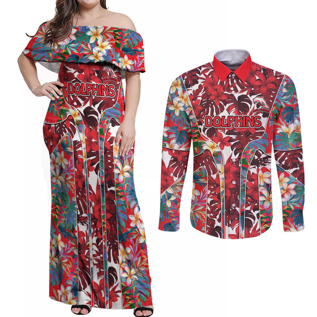 Dolphins Couples Matching Off Shoulder Maxi Dress and Long Sleeve Button Shirt Tropical Hibiscus Floral Pattern With Red And White Accents