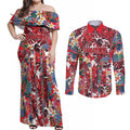 Dolphins Couples Matching Off Shoulder Maxi Dress and Long Sleeve Button Shirt Tropical Hibiscus Floral Pattern With Red And White Accents