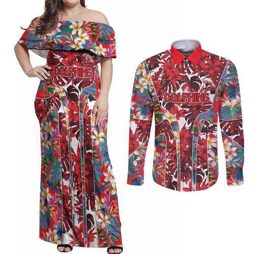 Dolphins Couples Matching Off Shoulder Maxi Dress and Long Sleeve Button Shirt Tropical Hibiscus Floral Pattern With Red And White Accents