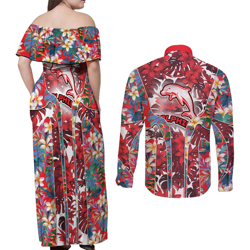 Dolphins Couples Matching Off Shoulder Maxi Dress and Long Sleeve Button Shirt Tropical Hibiscus Floral Pattern With Red And White Accents