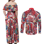 Dolphins Couples Matching Off Shoulder Maxi Dress and Long Sleeve Button Shirt Tropical Hibiscus Floral Pattern With Red And White Accents