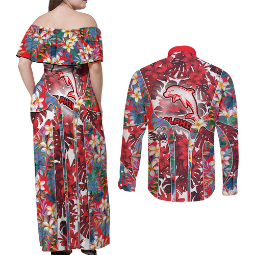 Dolphins Couples Matching Off Shoulder Maxi Dress and Long Sleeve Button Shirt Tropical Hibiscus Floral Pattern With Red And White Accents