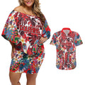 Dolphins Couples Matching Off Shoulder Short Dress and Hawaiian Shirt Tropical Hibiscus Floral Pattern With Red And White Accents