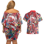 Dolphins Couples Matching Off Shoulder Short Dress and Hawaiian Shirt Tropical Hibiscus Floral Pattern With Red And White Accents