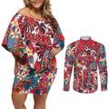 Dolphins Couples Matching Off Shoulder Short Dress and Long Sleeve Button Shirt Tropical Hibiscus Floral Pattern With Red And White Accents