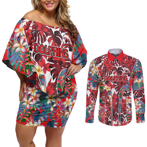 Dolphins Couples Matching Off Shoulder Short Dress and Long Sleeve Button Shirt Tropical Hibiscus Floral Pattern With Red And White Accents