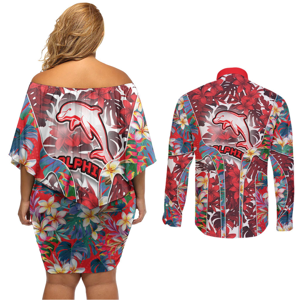 Dolphins Couples Matching Off Shoulder Short Dress and Long Sleeve Button Shirt Tropical Hibiscus Floral Pattern With Red And White Accents