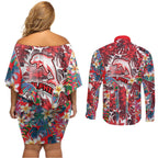 Dolphins Couples Matching Off Shoulder Short Dress and Long Sleeve Button Shirt Tropical Hibiscus Floral Pattern With Red And White Accents