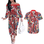Dolphins Couples Matching Off The Shoulder Long Sleeve Dress and Hawaiian Shirt Tropical Hibiscus Floral Pattern With Red And White Accents