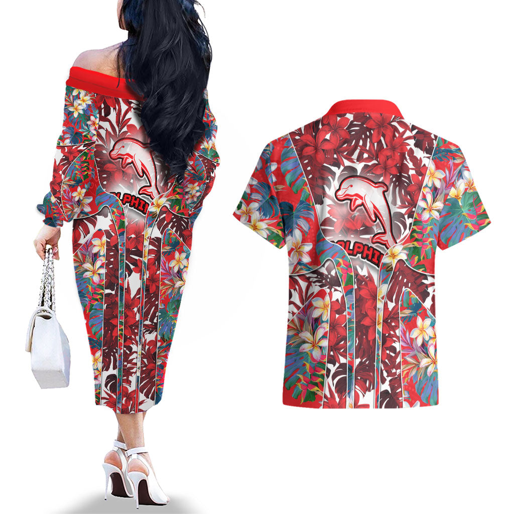 Dolphins Couples Matching Off The Shoulder Long Sleeve Dress and Hawaiian Shirt Tropical Hibiscus Floral Pattern With Red And White Accents