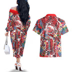 Dolphins Couples Matching Off The Shoulder Long Sleeve Dress and Hawaiian Shirt Tropical Hibiscus Floral Pattern With Red And White Accents