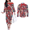Dolphins Couples Matching Off The Shoulder Long Sleeve Dress and Long Sleeve Button Shirt Tropical Hibiscus Floral Pattern With Red And White Accents