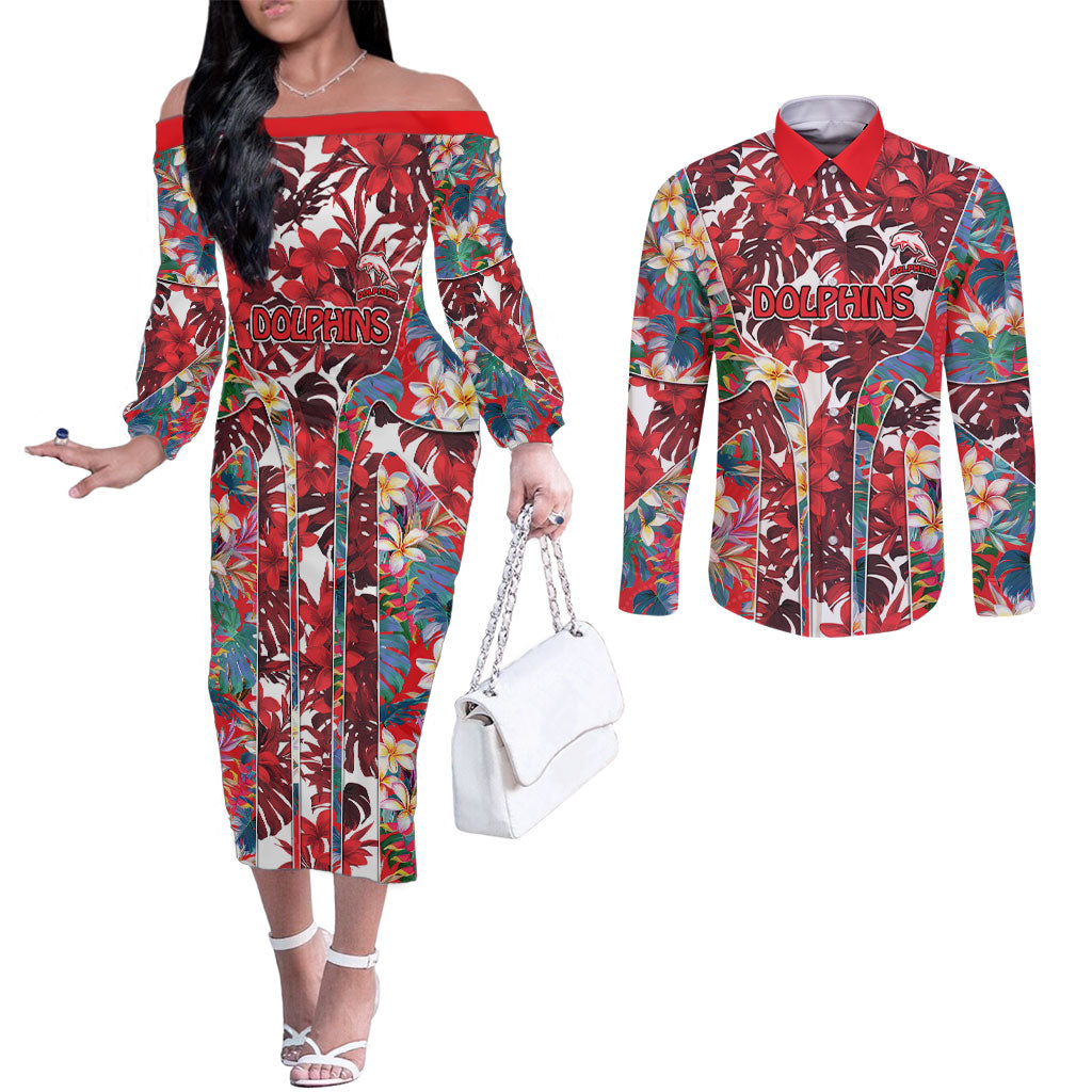 Dolphins Couples Matching Off The Shoulder Long Sleeve Dress and Long Sleeve Button Shirt Tropical Hibiscus Floral Pattern With Red And White Accents