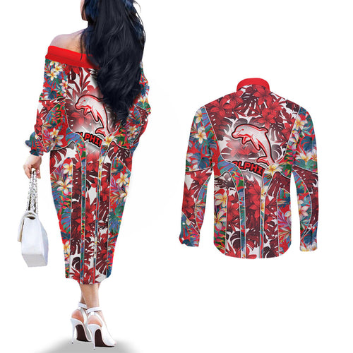 Dolphins Couples Matching Off The Shoulder Long Sleeve Dress and Long Sleeve Button Shirt Tropical Hibiscus Floral Pattern With Red And White Accents