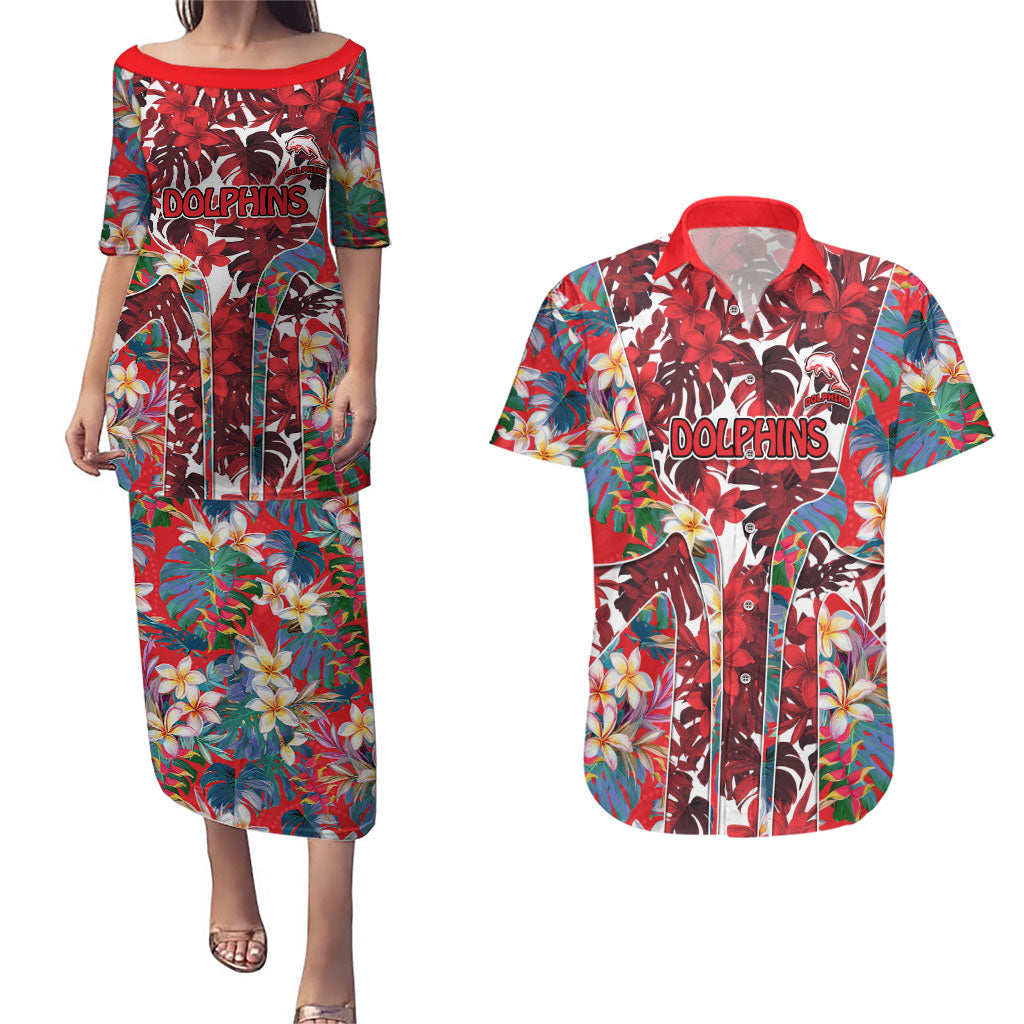 Dolphins Couples Matching Puletasi and Hawaiian Shirt Tropical Hibiscus Floral Pattern With Red And White Accents