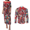 Dolphins Couples Matching Puletasi and Long Sleeve Button Shirt Tropical Hibiscus Floral Pattern With Red And White Accents