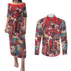 Dolphins Couples Matching Puletasi and Long Sleeve Button Shirt Tropical Hibiscus Floral Pattern With Red And White Accents