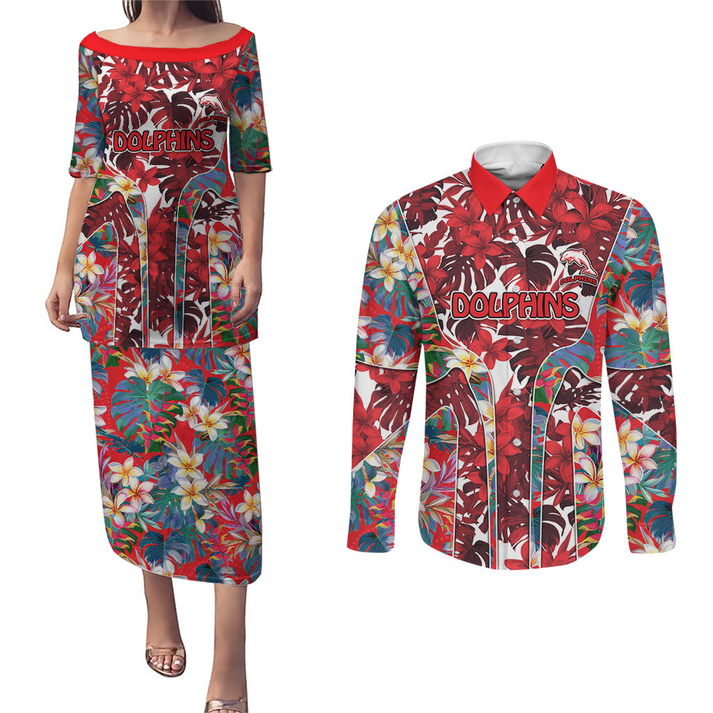 Dolphins Couples Matching Puletasi and Long Sleeve Button Shirt Tropical Hibiscus Floral Pattern With Red And White Accents