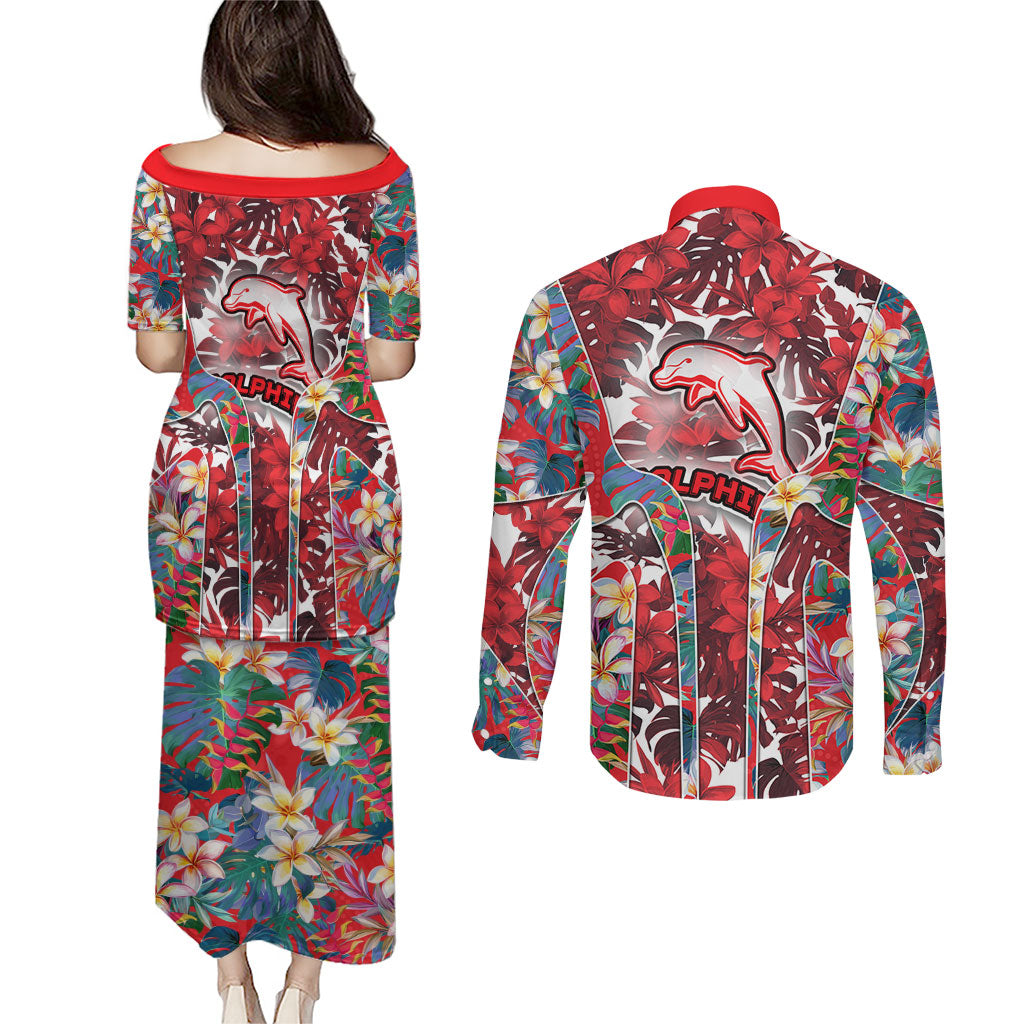 Dolphins Couples Matching Puletasi and Long Sleeve Button Shirt Tropical Hibiscus Floral Pattern With Red And White Accents