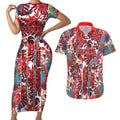 Dolphins Couples Matching Short Sleeve Bodycon Dress and Hawaiian Shirt Tropical Hibiscus Floral Pattern With Red And White Accents
