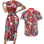 Dolphins Couples Matching Short Sleeve Bodycon Dress and Hawaiian Shirt Tropical Hibiscus Floral Pattern With Red And White Accents