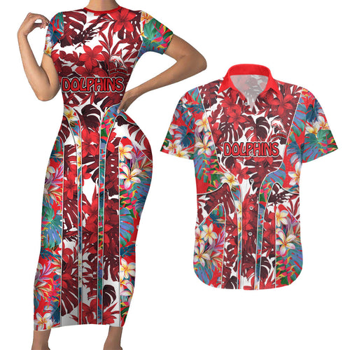 Dolphins Couples Matching Short Sleeve Bodycon Dress and Hawaiian Shirt Tropical Hibiscus Floral Pattern With Red And White Accents